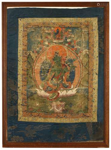 A THANGKA PAINTING DEPICTING GREEN TARA.