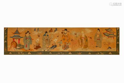 A CHINESE KESI-WOVEN ‘FIVE IMMORTALS’ TEXTILE PANE