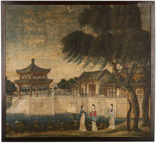 A LARGE CHINESE PAINTING OF LADIES IN GARDEN. Qing