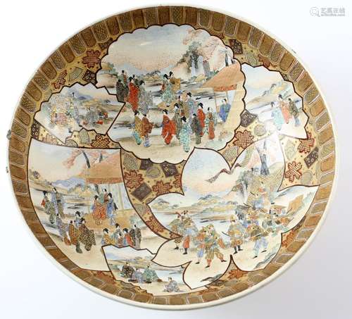 Japanese Satsuma pottery bowl decorated with panels of Samurai and figures, on round foot, iron