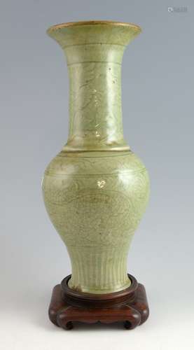 Chinese Yuan/Ming dynasty celadon Yen Yen vase, the heavily potted body with incised floral