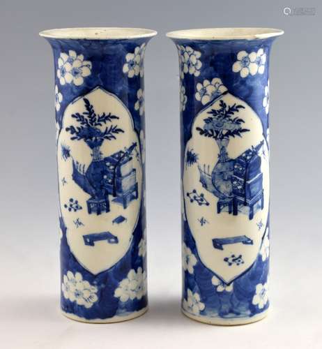 Pair of Chinese blue and white cylindrical vases, each decorated with two panels of auspicious