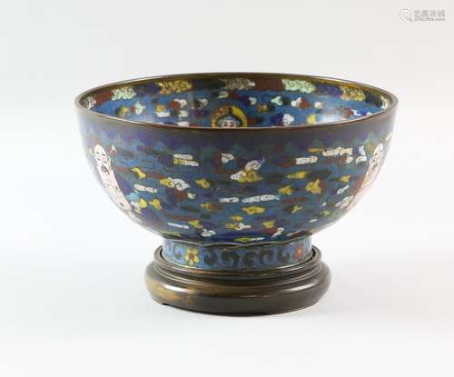 Chinese cloisonne bowl decorated with seated figures of Budai ho shang, four character Ming mark but