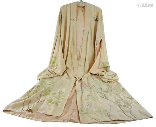 Japanese silk Kimono embroidered with butterflies and flowers on a cream ground,