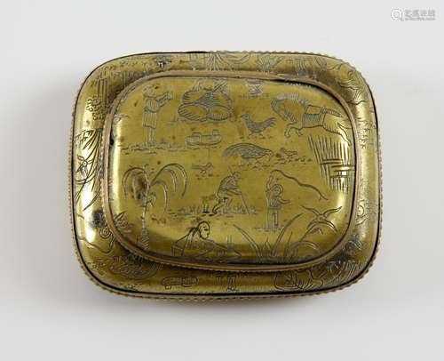 Chinese gilt metal snuff box and cover of cushion form, engraved with figures, animals and birds,