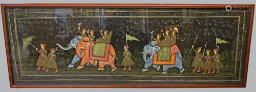 Pair of Indian paintings on fabric depicting processions, one with elephants, the other with camels,