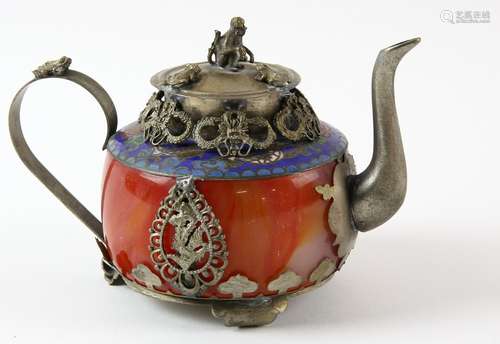 Chinese agate, white metal and cloisonne mounted teapot and cover, impressed marks to base, 8.5cm