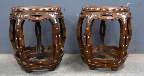 Pair of modern Chinese hardwood and mother-of-pearl inlaid round stools, 48cm high, 35cm wide,