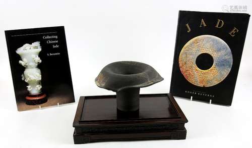 Chinese rectangular carved hardwood stand, 33cm wide, two reference books on collecting Chinese jade