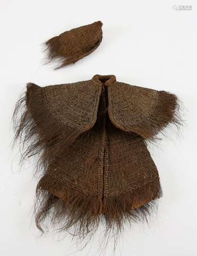 Chinese miniature woven coconut fibre rain cape with hat, 27cm long,