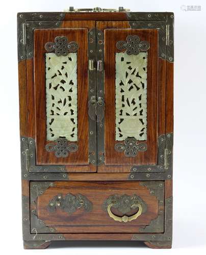 Chinese hardwood and metal mounted jewellery cabinet inset with pierced jade plaques, 20cm x 15cm