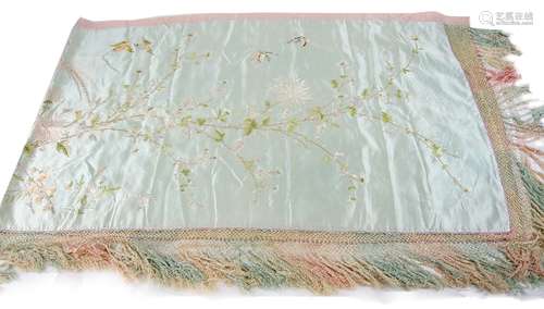 Chinese silk frontal intricately embroidered with butterflies, birds and flowers on an eau de nil