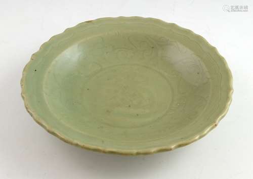 Early Ming Chinese celadon dish with incised geometric decoration to the centre, surrounded by