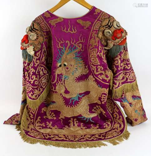 Qing Dynasty Chinese Opera gold metallic embroidered silk costume worked in soutache stitch, with