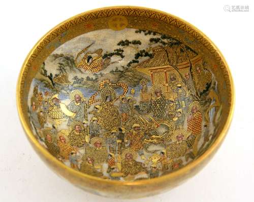 Japanese Satsuma bowl decorated with numerous figures in an outdoor setting, on round foot,