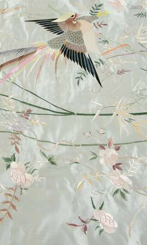 Chinese silk bed coverlet intricately embroidered with birds and flowers on an eau de nil ground