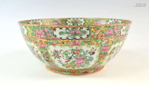 19th century Cantonese famille rose bowl decorated with panels of birds, flowers and foliage, on