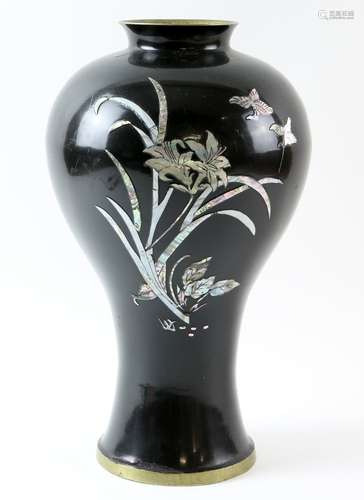 Chinese black enamelled Mei Ping vase inset with mother of pearl decoration of flowers and birds,