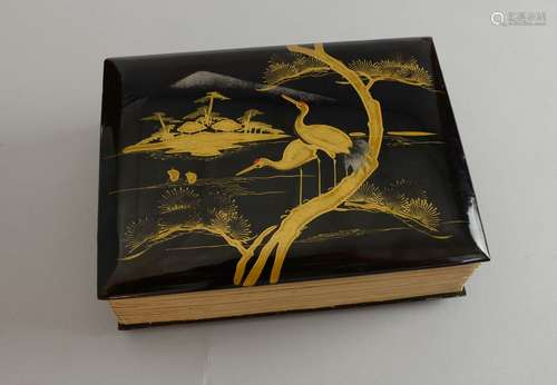 Early 20th century Japanese lacquered fold-out concertina postcard album containing fifty