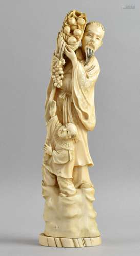 Late 19th/early 20th century Chinese carved ivory figure of a robed bearded man holding a basket