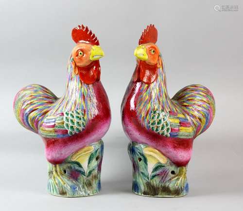 Pair of 19th century Chinese famille rose cockerels, with polychrome decoration on integral