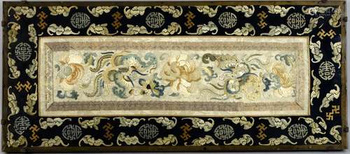 Chinese silk sleeve panel depicting butterflies and flowers in silk stitch within a border of bats