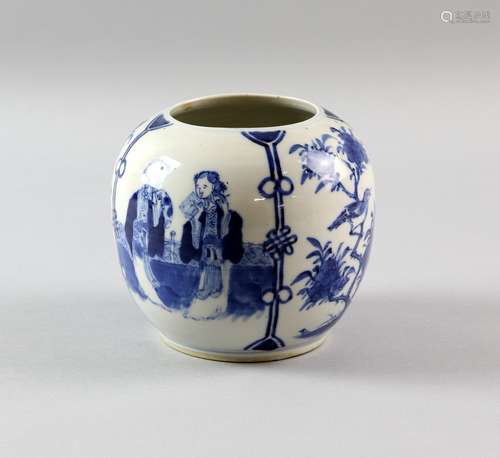 Chinese blue and white ovoid vase decorated with panels of maidens and foliage. Kangxi four