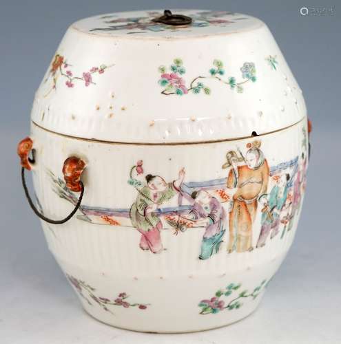 Chinese famille rose jar and cover, the half ribbed body decorated with figures and children playing