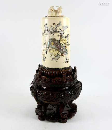 Japanese, late Meiji period, ivory and silver mounted Shibayama jar and cover, extensively decorated