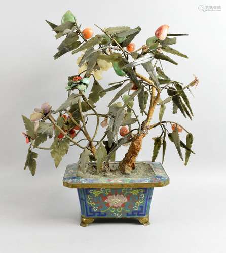 20th century Chinese jade and hardstone bonsai tree in cloisonne jardiniere, 41cm high,