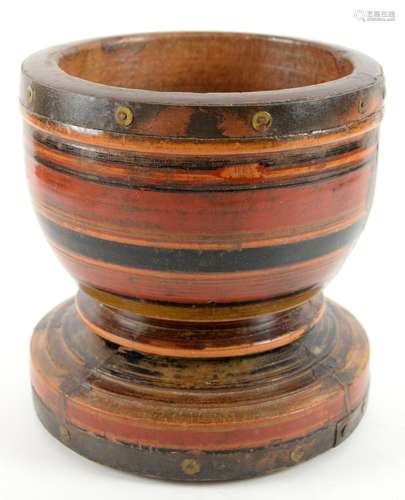 Late 19th/early 20th century turned wooden mortar painted with bands of colour, 26cm high,