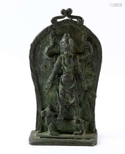 Indian bronze standing plaque applied with a scene of Durga killing Mahishasura the buffalo demon,