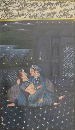 Indian miniature of an amorous couple, with script above, gouache, 16.5cm x 9cm,