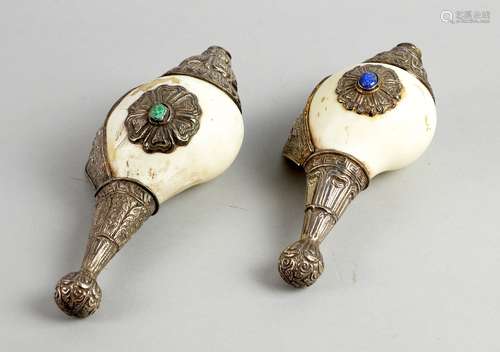 Pair of shells overlaid with Chinese white metal and decorated with dragons and stylised foliate