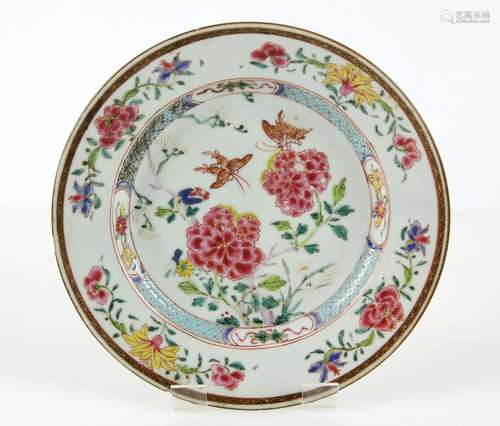 Chinese famille rose dish enamelled with flowers, foliage and butterflies, 23cm diameter