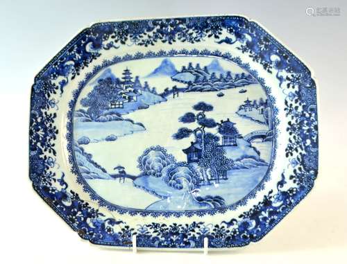 Chinese export blue and white octagonal dish painted with a garden landscape scene of figures a