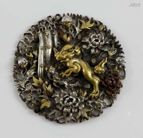 Japanese multi-coloured pierced metal mount decorated with a lion, waterfall and flowers, 4cm