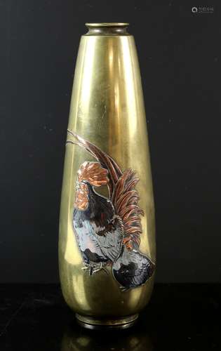 Japanese bronze vase overlaid in coloured metals with a cockerel and a hen, signature to base,