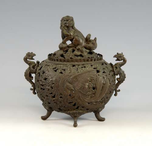 20th century Chinese bronze twin-handled censer and cover with pierced and phoenix and dragon