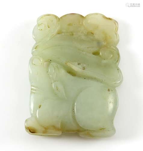 Chinese pale celadon jade pendant in the form of a beast with three Lingzhi mushrooms sprouting from