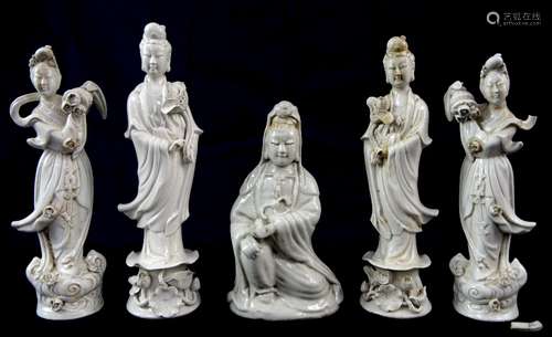 Two pairs of blanc de chine figures of Guan Yin, tallest pair 25cm, and another of a kneeling