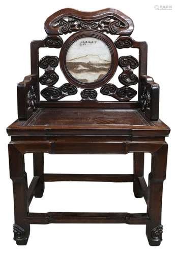 Chinese hardwood chair with pierced Lingzhi mushroom decoration, inset with plaque decorated with