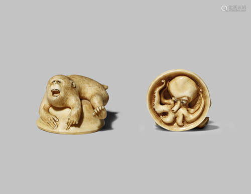 A JAPANESE IVORY NETSUKE MEIJI 1868-1912 Carved as a small monkey lying precariously on top of an