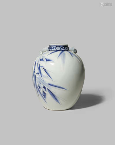 A SMALL JAPANESE FUKAGAWA VASE 20TH CENTURY The bulbous body decorated with moulded bamboo leaves,