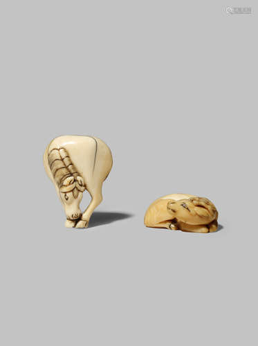 TWO JAPANESE IVORY NETSUKE EDO/MEIJI PERIODS One depicting a small reclining deer, with its head