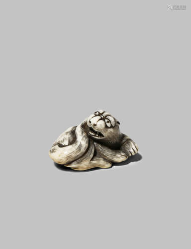 A JAPANESE IVORY NETSUKE OF A TIGER EDO/MEIJI PERIOD The reclining feline with its head turned to