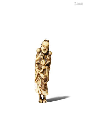 A JAPANESE STAG ANTLER NETSUKE EDO/MEIJI PERIOD Depicting Seiobo, the Queen Mother of the West,