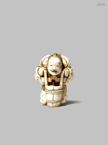 A JAPANESE IVORY NETSUKE EDO 1603-1868 Depicting a drunk man leaning over a bucket of sake, his hair