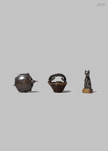 THREE JAPANESE METAL OJIME MEIJI 1868-1912 One in copper, silver and shakudo and depicting a soft-