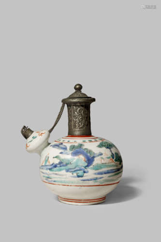 A RARE JAPANESE KAKIEMON EWER, KENDI C.1680 The short bulbous body decorated in red, blue, green and